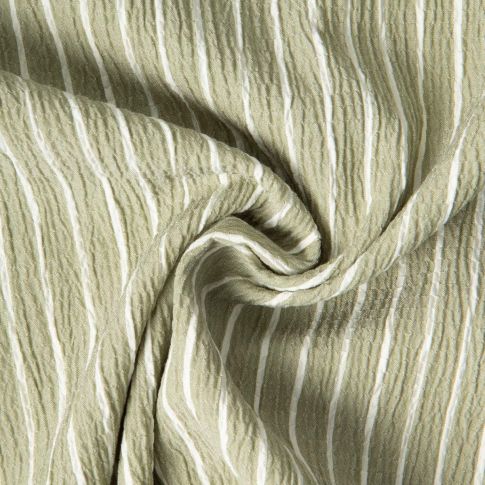 Coupon Tissu Polyviscose Seersucker aspect Lin lavé Suzy rayures Blanc sur fond Vert kaki clair - Coupon de 100 cm