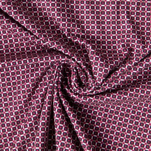 Tissu Coton imprimé Dina pois Noir et Blanc sur fond Rouge foncé