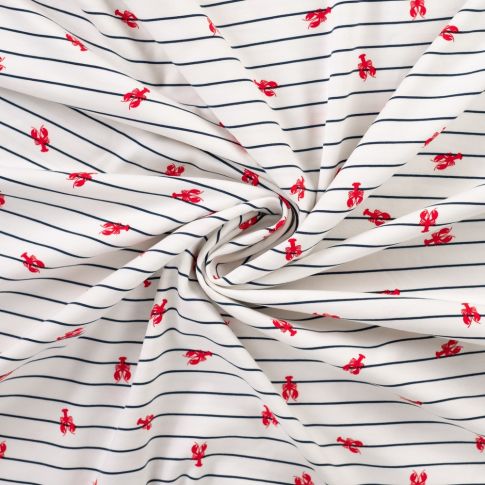 Tissu Jersey Coton imprimé Tom homards sur marinière sur fond Blanc