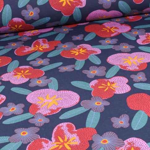 Coupon Tissu Jersey Coton Craftine Happiness flowers sur fond Bleu marine - Coupon de 100 cm