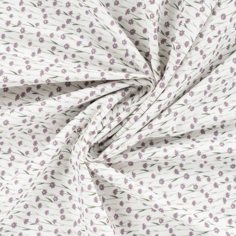 Tissu Popeline de Coton Petites fleurs lilas sur fond Blanc