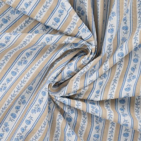 Tissu Seersucker Coton digital Rayures provençales Beige et Bleu sur fond Blanc