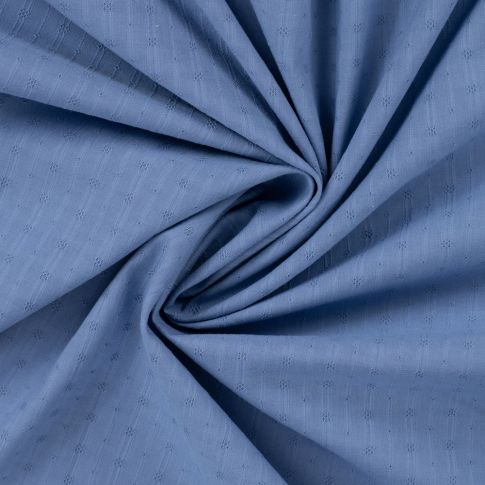 Tissu Voile de Coton brodé uni Violette broderie fine sur fond Bleu denim