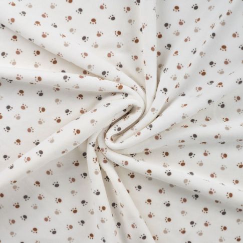 Coupon Tissu Jersey Velours tout doux Pattes de chien taupes et grises sur fond Blanc cassé - Coupon de 40 cm