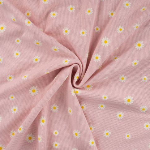 Coupon Tissu Jersey Nid d'abeille imprimé Marguerites sur fond Rose bébé - Coupon de 50 cm