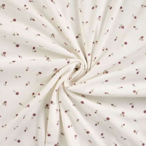 Coupon Tissu Jersey Coton Bord côte Petites roses sur fond Blanc cassé - Coupon de 180 cm