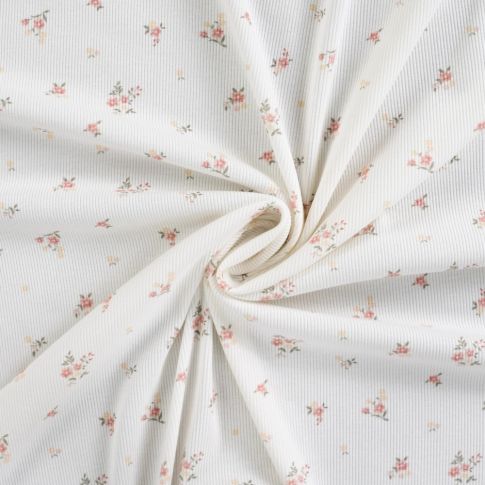 Tissu Jersey Bord côte Elise Bouquets fleuris sur fond Blanc cassé