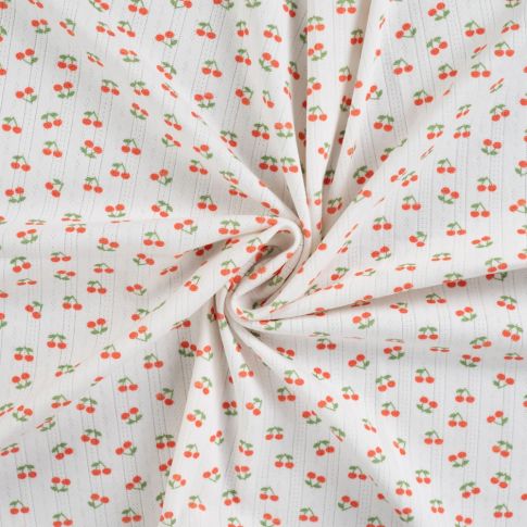 Coupon Tissu Jersey Coton ajouré Cerises sur fond Blanc - Coupon de 100 cm
