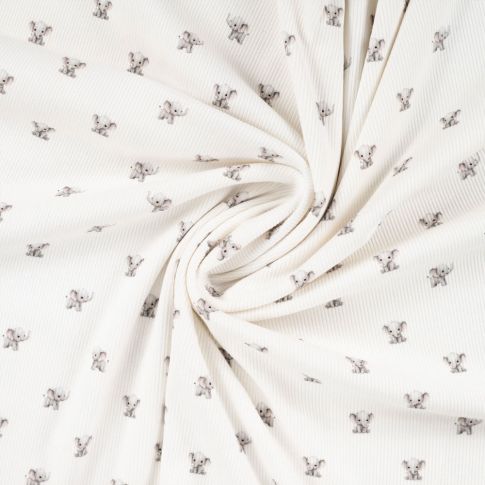 Tissu Jersey Coton côtelé Petits éléphants sur fond Blanc cassé