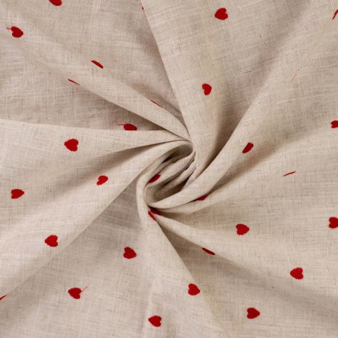 Tissu Lin Viscose Lina Petits coeurs rouges sur fond Beige chiné