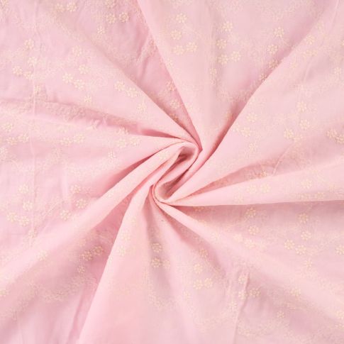 Coupon Tissu Voile de coton brodé Fleurs délicates sur fond Rose pastel - Coupon de 20 cm