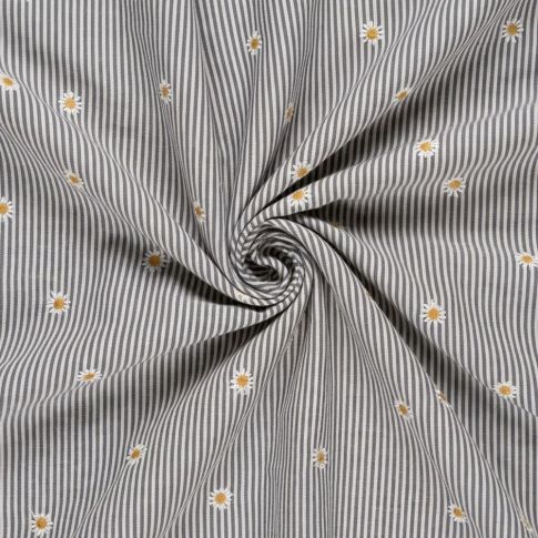 Tissu Coton Seersucker Lola rayures Blanc et fleurs brodées sur fond Bleu marine