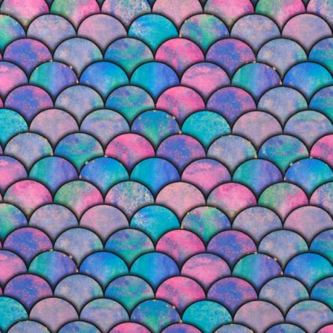 Coupon Tissu Jersey Coton digital Ecailles fuschia sur fond Bleu - Coupon de 20 cm