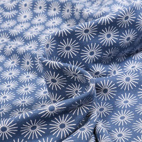 Coupon Tissu Jersey Coton Camille Soleils sur fond Bleu denim - Coupon de 30 cm