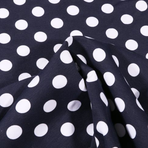 Coupon Tissu Jersey Coton Pois blancs 1.5 cm sur fond Bleu marine - Coupon de 70 cm