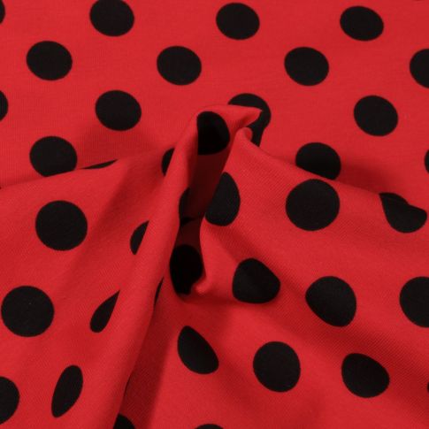 Coupon Tissu Jersey Coton Pois noirs 1.5 cm sur fond Rouge - Coupon de 50 cm