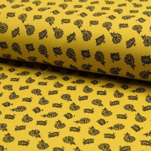 Coupon Tissu Jersey Piqué de coton spécial Polo Kashmir Noir sur fond Jaune - Coupon de 110 cm