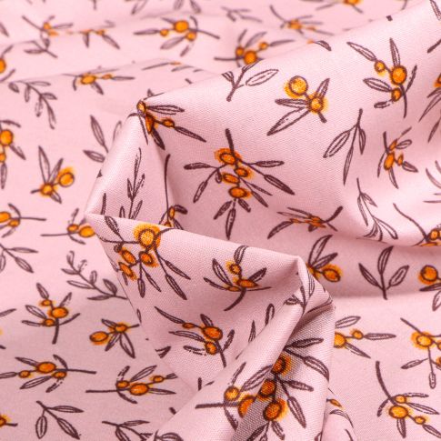 Tissu Coton imprimé Bio Branches sur fond Rose pâle