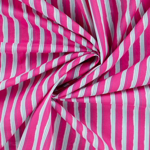 Tissu Voile de Coton Rayures Aquarelle Fuchsia sur fond Blanc