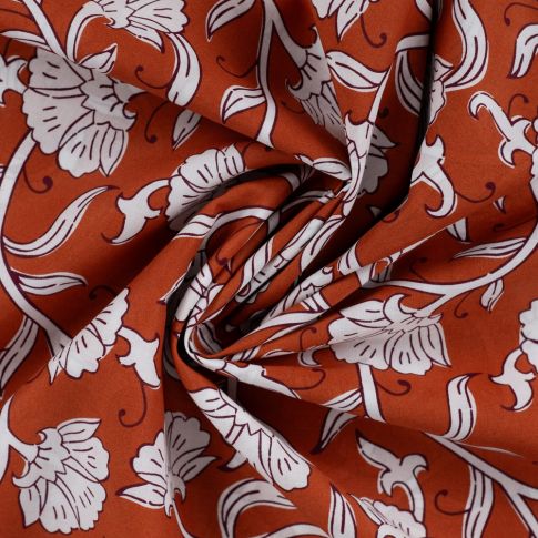 Tissu Voile de Coton Aarohi Arabesques Végétales sur fond Terracotta