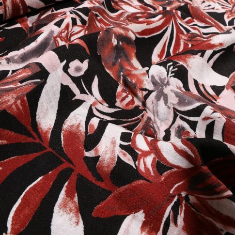 Coupon Tissu Viscose texturé Aquarelle de feuilles terracota sur fond Noir - Coupon de 50 cm