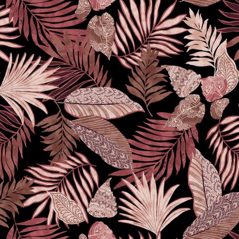 Coupon Tissu Jersey Viscose imprimé Feuilles sur fond Noir - Coupon de 30 cm