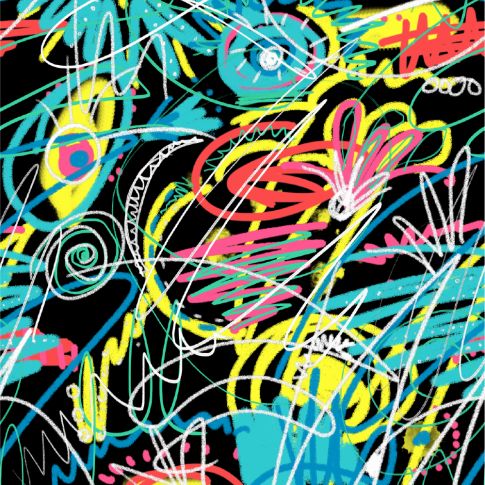 Coupon Tissu Sweat léger French Terry Graffiti coloré sur fond Noir - Coupon de 20 cm