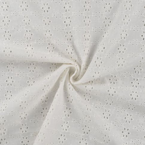 Tissu Popeline de Coton Broderie Anglaise Petites Fleurs sur fond Blanc cassé