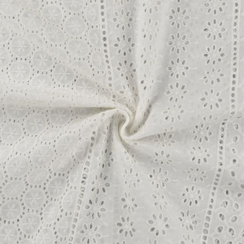 Tissu Popeline de Coton Broderie Anglaise Cercles & Fleurs sur fond Blanc cassé