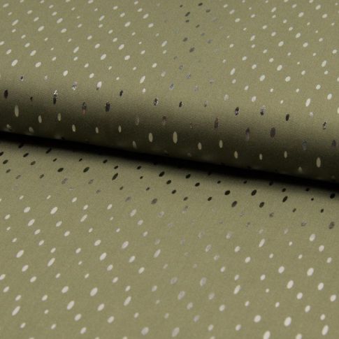 Coupon Tissu Viscose  Gouttes métallisées argentées Vert kaki - Coupon de 30 cm
