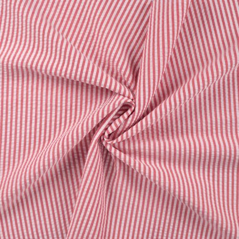 Tissu Popeline de Coton Seersucker Rayé Rouge
