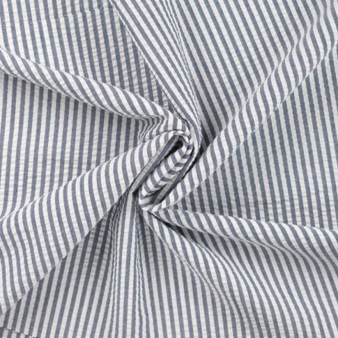 Tissu Popeline de Coton Seersucker Rayé Bleu marine