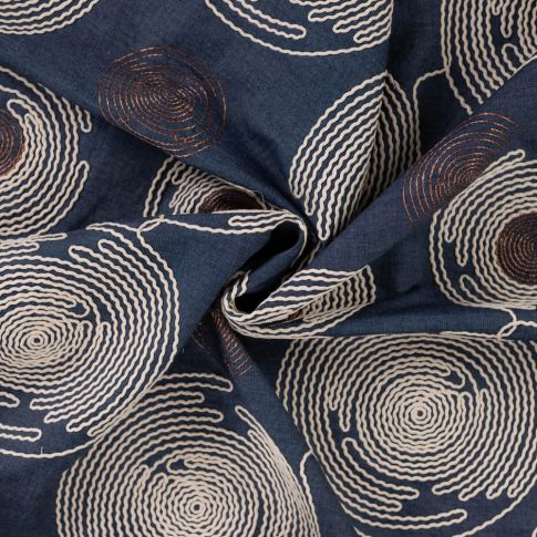 Tissu Jean Denim Naoko brodé Spirales sur fond Bleu indigo