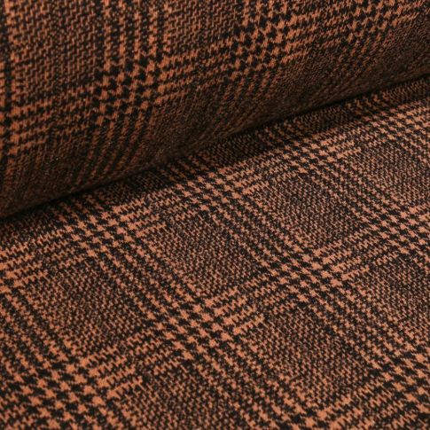 Coupon Tissu Jacquard polyviscose extensible Écossais pied de poule sur fond Marron - Coupon de 150 cm