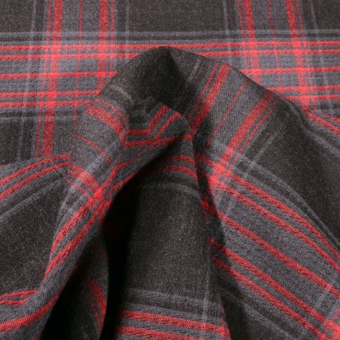 Coupon Tissu Viscose texturé Carreaux rouges sur fond Gris foncé - Coupon de 80 cm