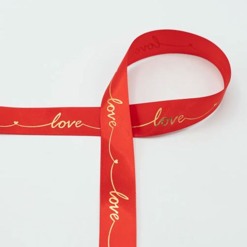 Ruban Satin Love doré 25mm Rouge - Au mètre
