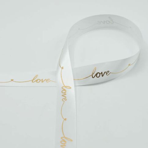 Ruban Satin Love doré 25mm Blanc - Au mètre