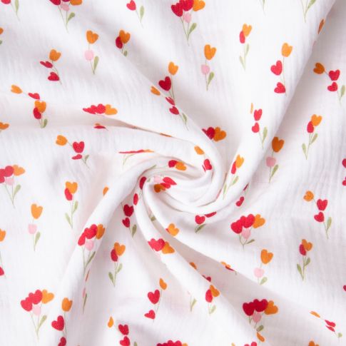 Tissu Double gaze de Coton Hope bouquets tulipes sur fond Blanc