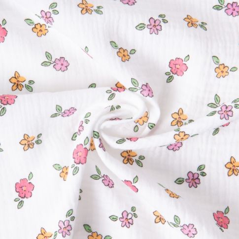 Tissu Double gaze de Coton Grace petites fleurs sur fond Blanc