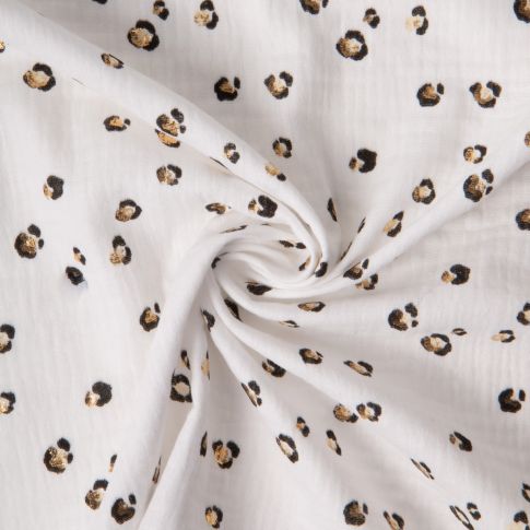 Tissu Double gaze de Coton imprimé léopard brillant sur fond Blanc