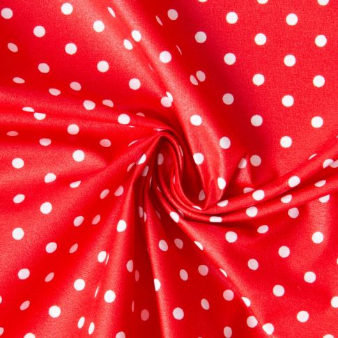 Coupon Tissu Coton Enduit pois Dotty blanc sur fond Rouge - Coupon de 10 cm