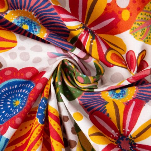 Tissu Coton imprimé Douchka fleurs multicolores sur fond Blanc cassé
