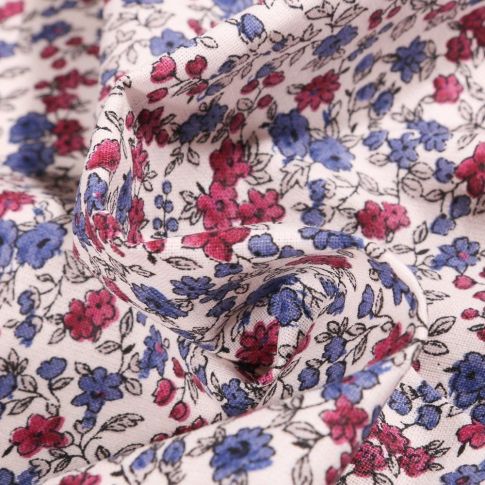 Coupon Tissu Coton imprimé Arty Léonie pourpre et bleu sur fond Blanc