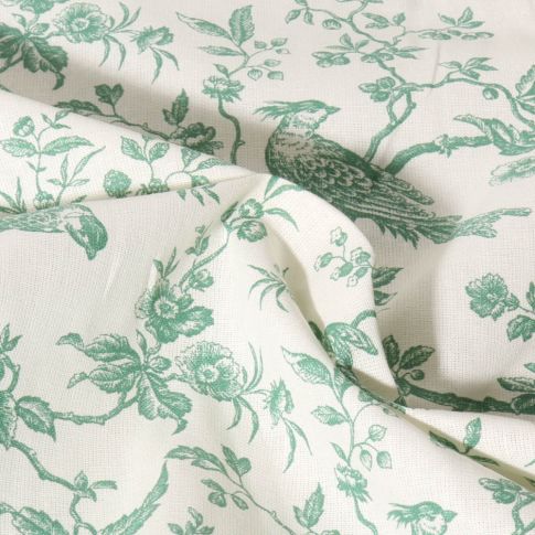 Coupon Tissu Coton imprimé Inspiration Jouy bird vert sur fond Ecru - Coupon de 180 cm