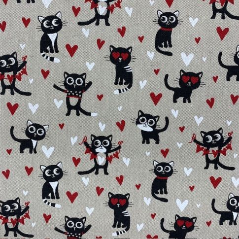 Coupon Tissu Toile de Coton Chat Love sur fond Naturel - Coupon de 50 cm