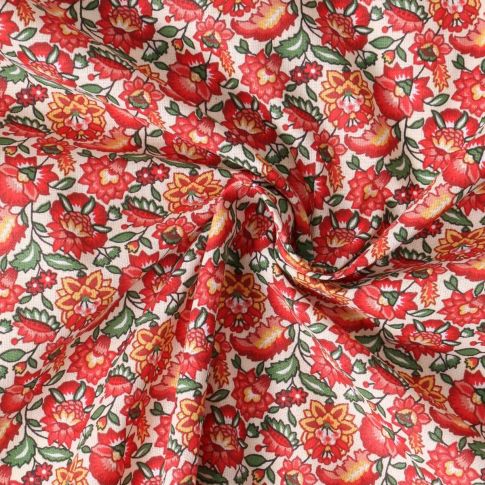 Coupon Tissu Coton imprimé Arty Mirelda fleurs vintage Rouges sur fond Blanc