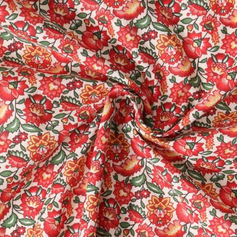 Coupon Tissu Coton Cretonne Mirelda fleurs vintage Rouges sur fond Blanc - Coupon de 40 cm