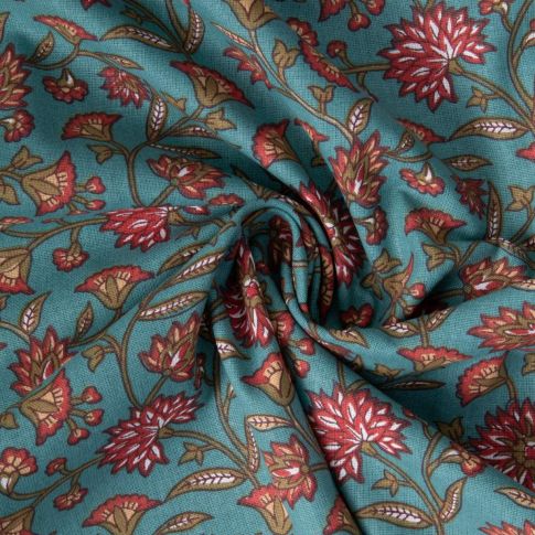 Tissu Coton imprimé Arty Santal fleuris sur fond Bleu canard