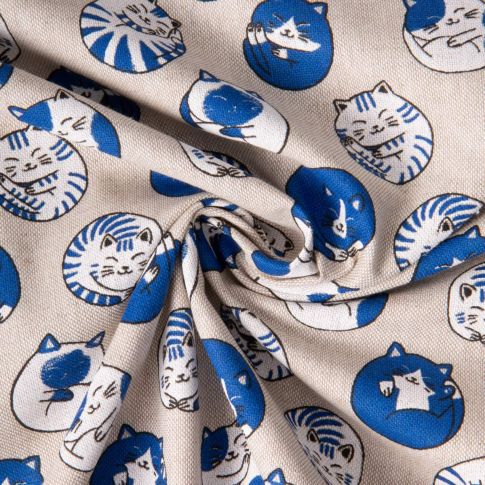 Tissu Toile Polycoton Chaton Neko sur fond Naturel