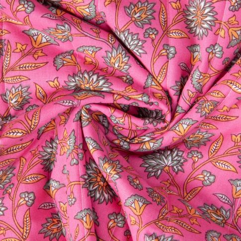 Tissu Coton Matelassé réversible Santal fleuris sur fond Rose fuchsia